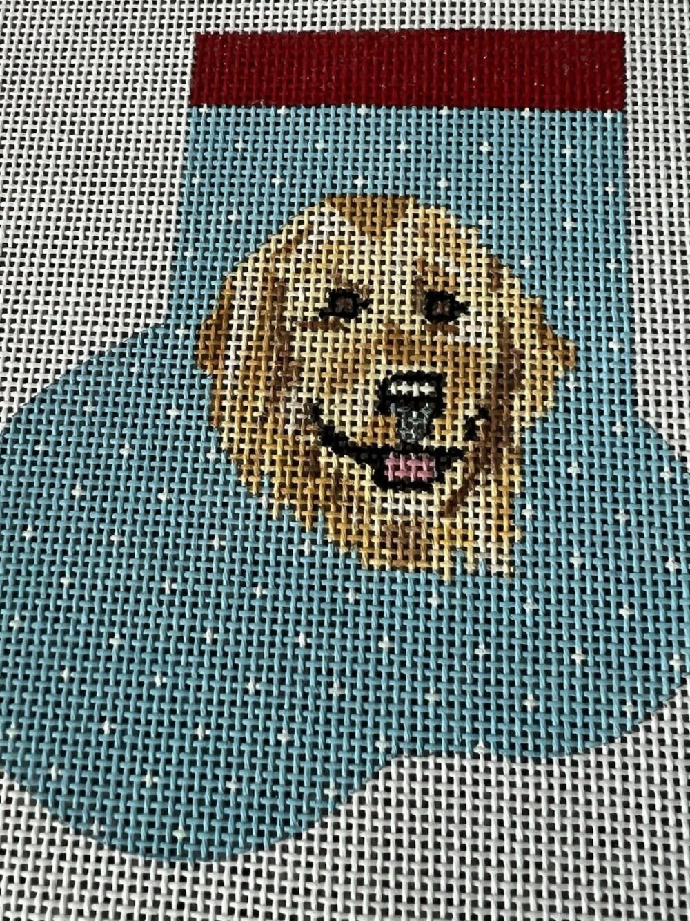 A Bradley Golden Retriever Needlepoint Canvas 18 Ct Mini Stocking Ornament